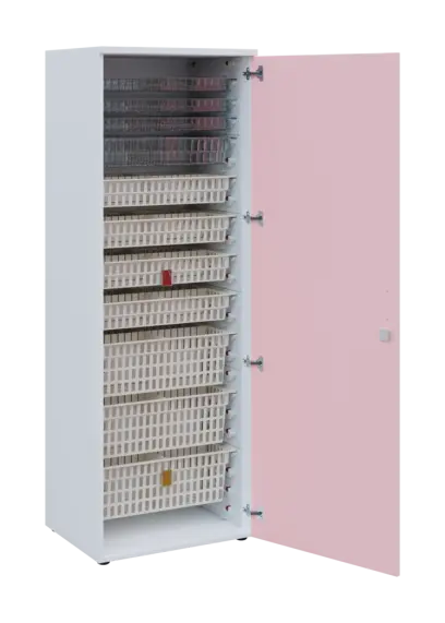 EUROMEDICA D - 66 skříň léková boxová, 1-dveřová, pravá, 1950x660x535, korpus bílý, dvířka pastelově růžová